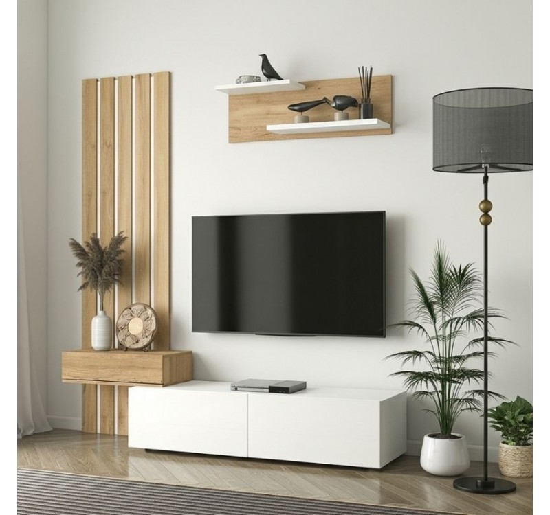 Σύνθεση τηλεόρασης Rosaline Megapap χρώμα λευκό - sepet oak 183x31,3x196,9εκ.