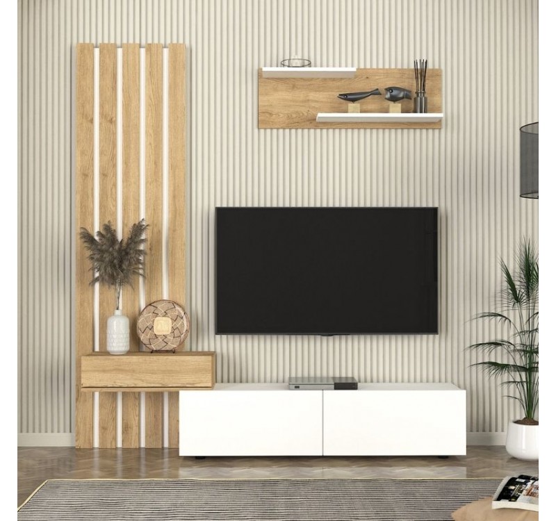 Σύνθεση τηλεόρασης Rosaline Megapap χρώμα λευκό - sepet oak 183x31,3x196,9εκ.