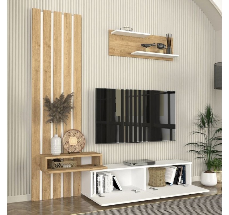 Σύνθεση τηλεόρασης Rosaline Megapap χρώμα λευκό - sepet oak 183x31,3x196,9εκ.