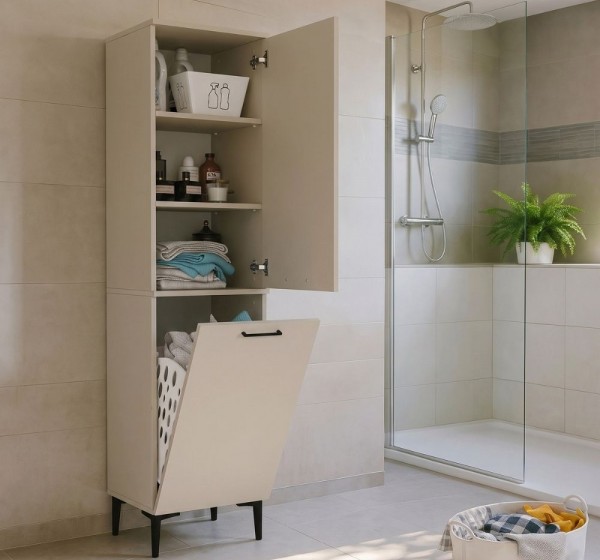 Ντουλάπι με καλάθι απλύτων Singa Megapap χρώμα sandstone 45x40x180εκ.