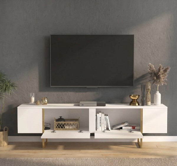 Έπιπλο τηλεόρασης Orontes Megapap χρώμα λευκό - χρυσό 180x29,6x50εκ.
