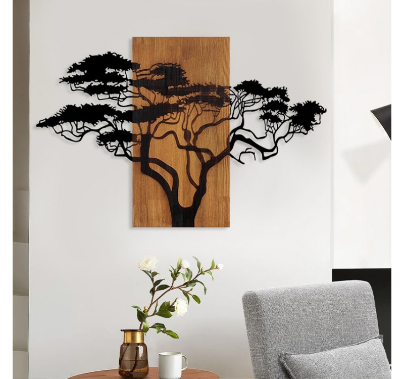 Διακοσμητικό τοίχου Acacia Tree Megapap ξύλινο - μεταλλικό χρώμα καρυδί - μαύρο 90x3x58εκ.