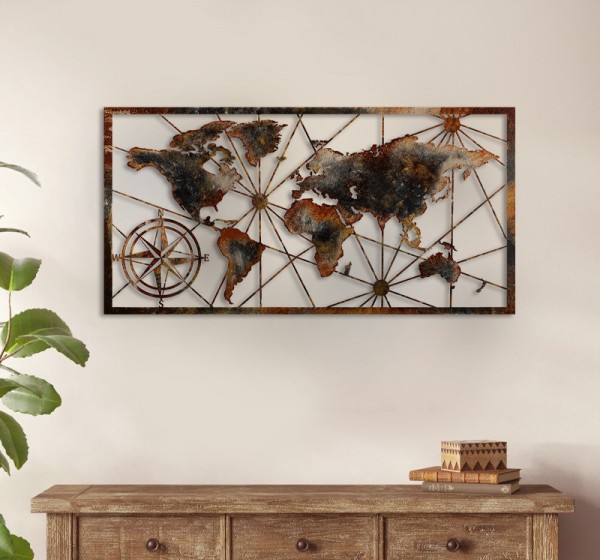 Διακοσμητικό τοίχου World Map Megapap μεταλλικό χρώμα μαύρο - bronze 120x60εκ.