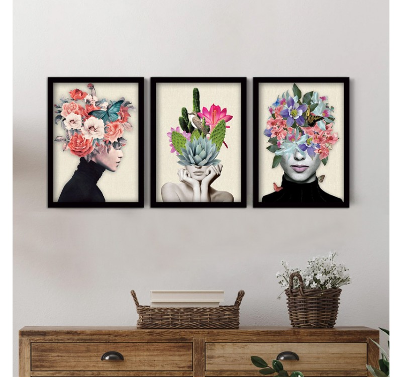 Πίνακας "Flower Girls" Megapap 3 τμχ. σε πλαίσιο 35x45x2εκ.