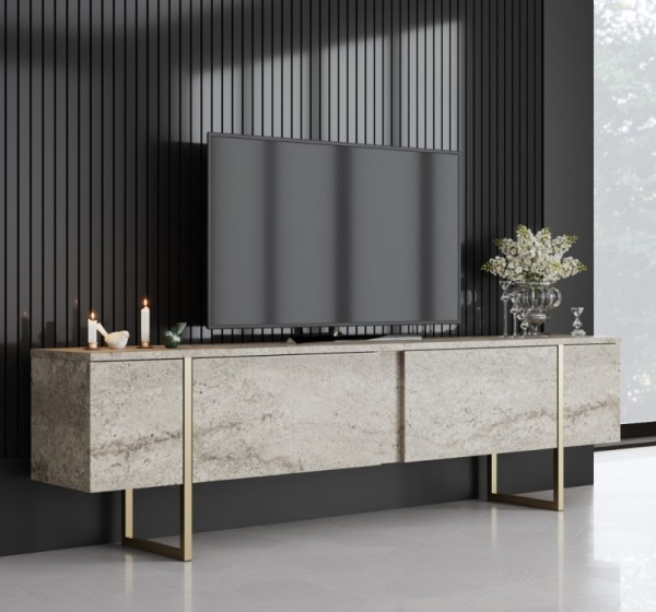 Έπιπλο τηλεόρασης Luxe Megapap χρώμα travertine - χρυσό 180x30x50εκ.