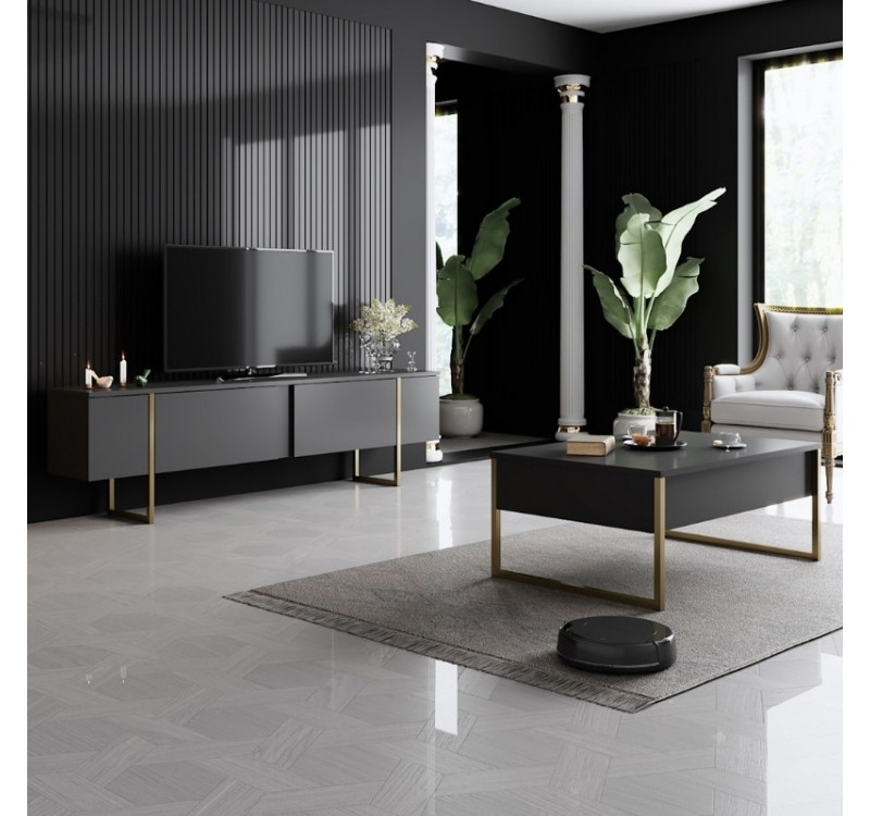 Έπιπλο τηλεόρασης Luxe Megapap χρώμα ανθρακί - χρυσό 180x30x50εκ.