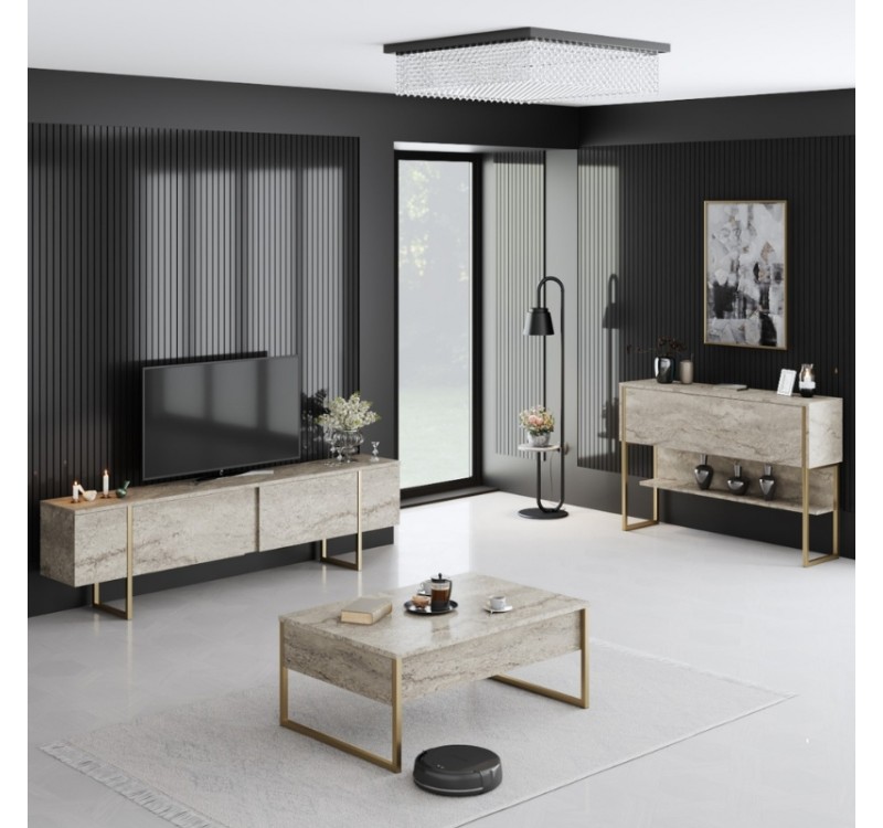 Τραπεζάκι σαλονιού Luxe Megapap χρώμα travertine - χρυσό 90x60x40εκ.