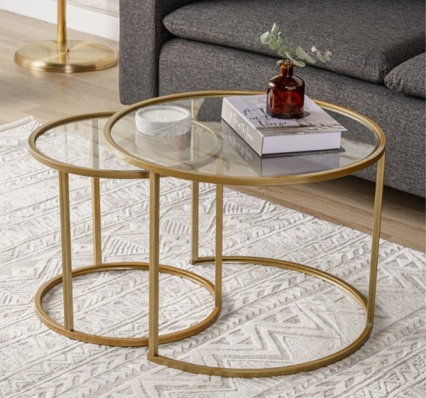 Τραπεζάκι σαλονιού σετ 2 τμχ Vetro Megapap μέταλλο - γυαλί χρώμα χρυσό Ø60x43εκ.