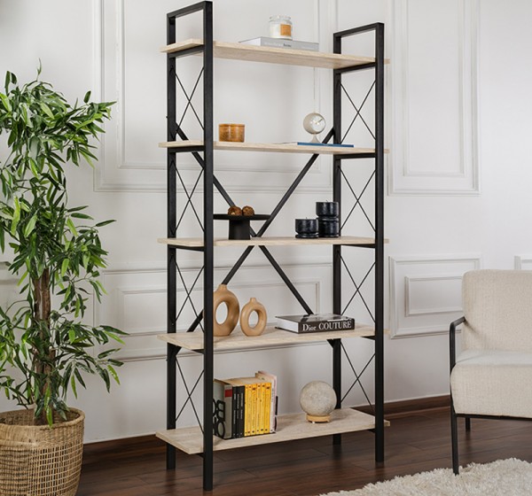 Βιβλιοθήκη Elysian Megapap χρώμα travertine - μαύρο 90x33,5x180εκ.