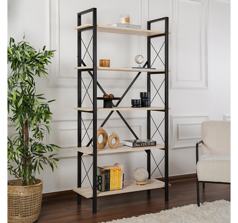 Βιβλιοθήκη Elysian Megapap χρώμα travertine - μαύρο 90x33,5x180εκ.