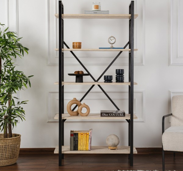 Βιβλιοθήκη Elysian Megapap χρώμα travertine - μαύρο 90x33,5x180εκ.