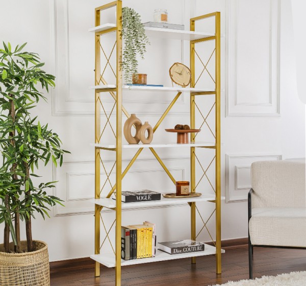 Βιβλιοθήκη Elysian Megapap χρώμα λευκό - χρυσό 90x33,5x180εκ.