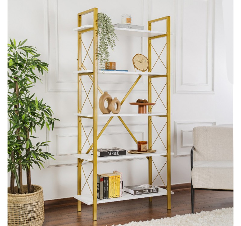 Βιβλιοθήκη Elysian Megapap χρώμα λευκό - χρυσό 90x33,5x180εκ.