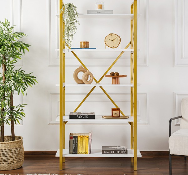 Βιβλιοθήκη Elysian Megapap χρώμα λευκό - χρυσό 90x33,5x180εκ.