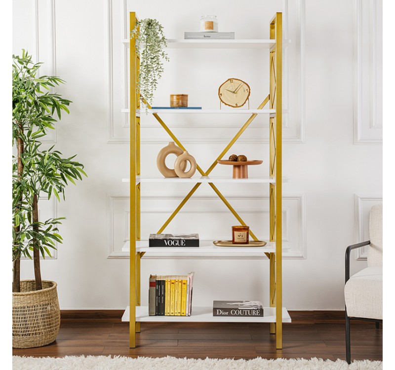 Βιβλιοθήκη Elysian Megapap χρώμα λευκό - χρυσό 90x33,5x180εκ.