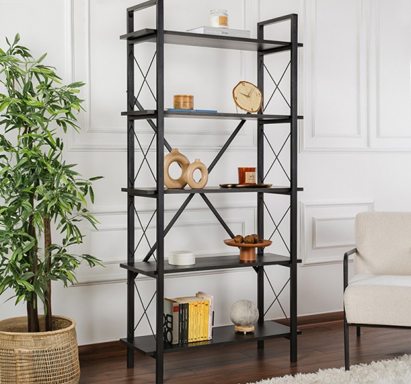 Βιβλιοθήκη Elysian Megapap χρώμα black wood 90x33,5x180εκ.