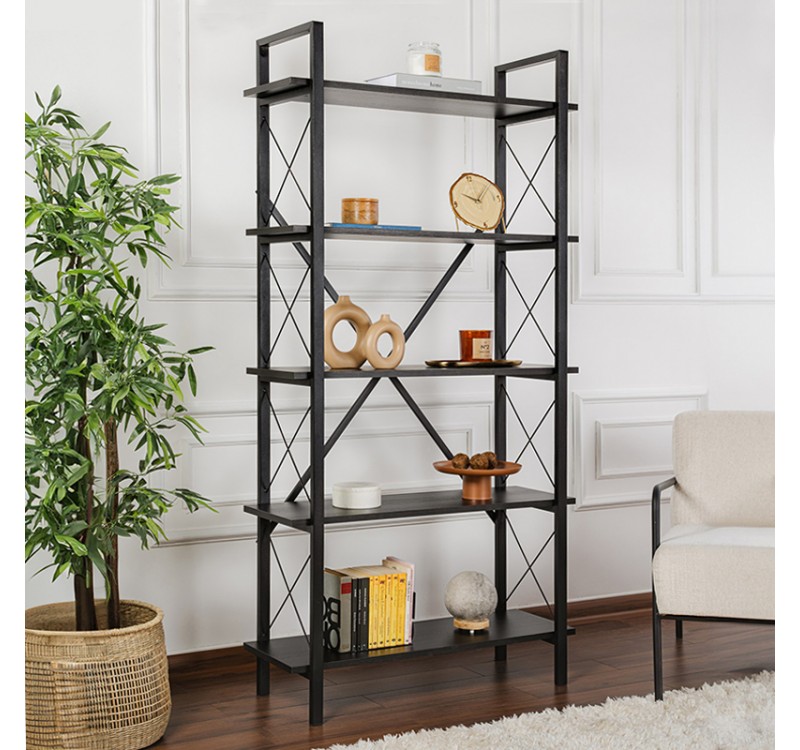 Βιβλιοθήκη Elysian Megapap χρώμα black wood 90x33,5x180εκ.