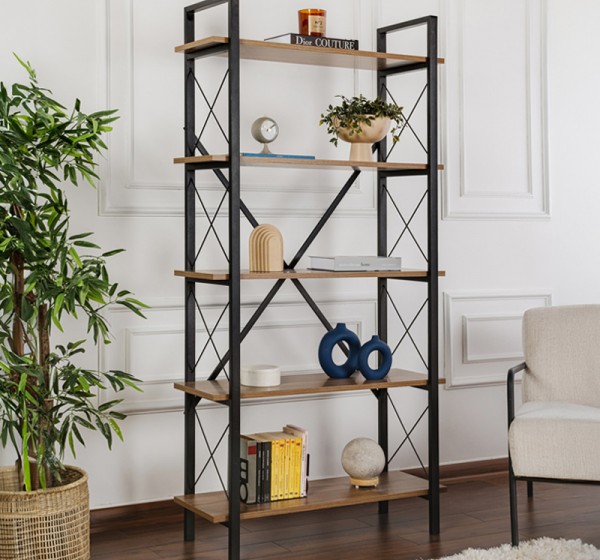 Βιβλιοθήκη Elysian Megapap χρώμα καρυδί - μαύρο 90x33,5x180εκ.