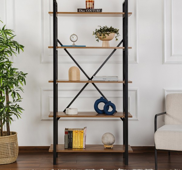 Βιβλιοθήκη Elysian Megapap χρώμα καρυδί - μαύρο 90x33,5x180εκ.