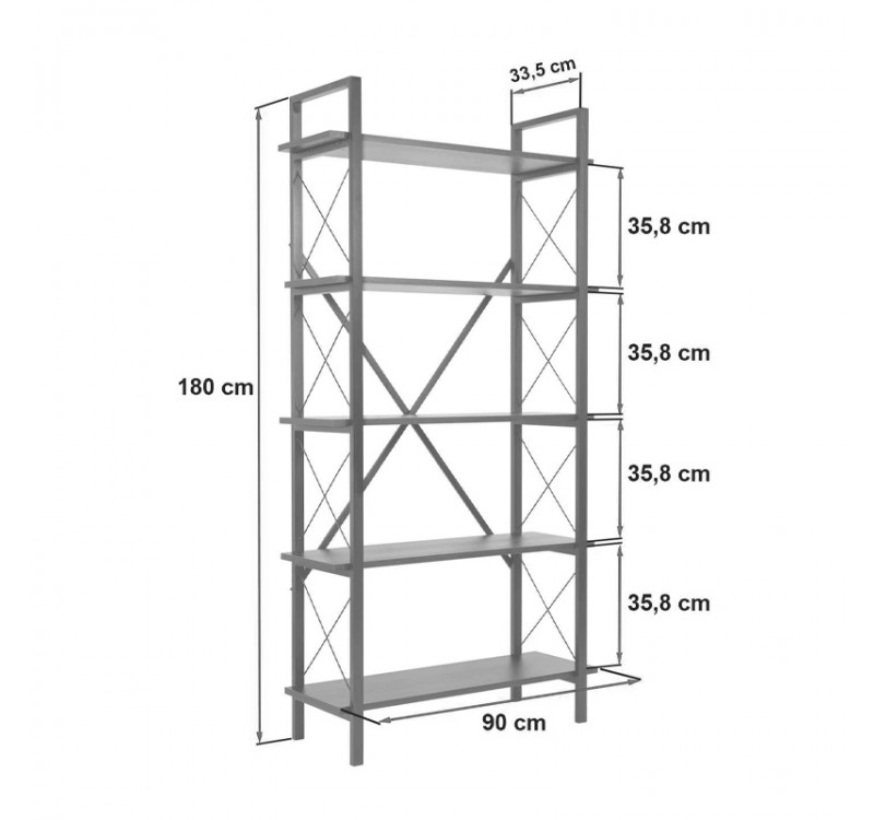 Βιβλιοθήκη Elysian Megapap χρώμα καρυδί - μαύρο 90x33,5x180εκ.