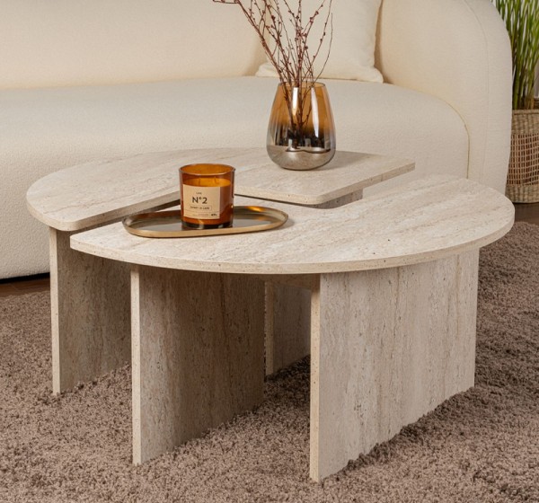 Τραπεζάκι σαλονιού σετ 2 τμχ Moira Megapap χρώμα travertine Ø90x41εκ.