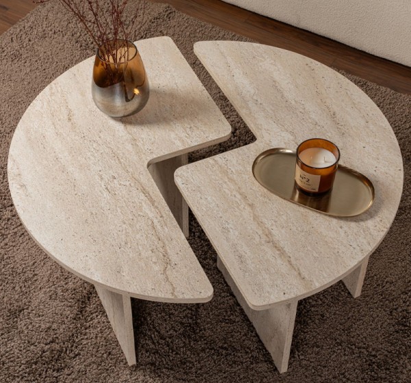 Τραπεζάκι σαλονιού σετ 2 τμχ Moira Megapap χρώμα travertine Ø90x41εκ.
