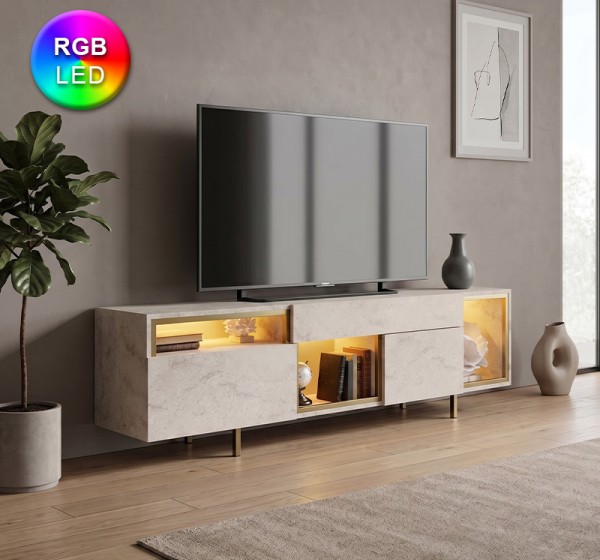 Έπιπλο τηλεόρασης Norm Megapap με Led Rgb χρώμα travertine - χρυσό 180x32x55εκ.