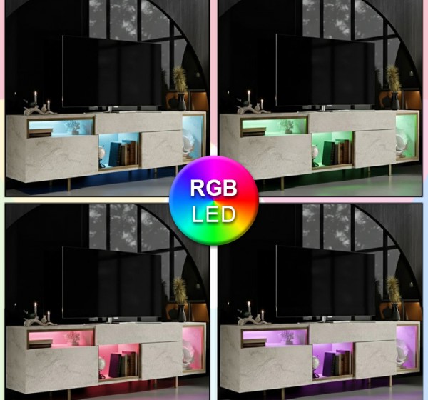 Έπιπλο τηλεόρασης Norm Megapap με Led Rgb χρώμα travertine - χρυσό 180x32x55εκ.