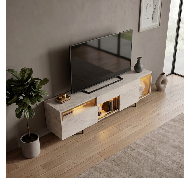 Έπιπλο τηλεόρασης Norm Megapap με Led Rgb χρώμα travertine - χρυσό 180x32x55εκ.