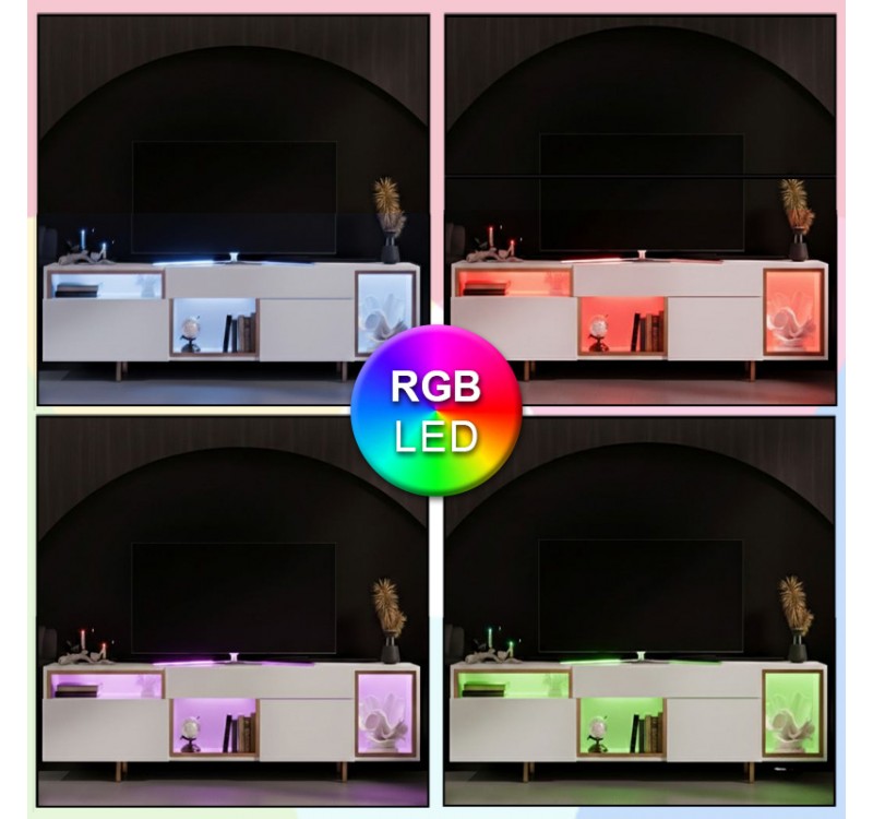 Έπιπλο τηλεόρασης Norm Megapap με Led Rgb χρώμα λευκό - χρυσό 180x32x55εκ.