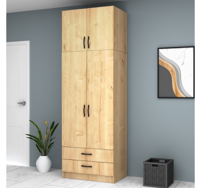 Ντουλάπα ρούχων Ricardo Megapap δίφυλλη με πατάρι και συρτάρια χρώμα φυσικό οξιάς 80x51,8x240εκ.