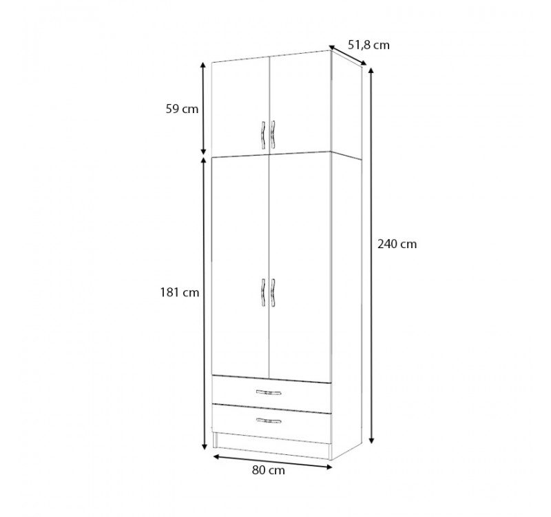 Ντουλάπα ρούχων Ricardo Megapap δίφυλλη με πατάρι και συρτάρια χρώμα φυσικό οξιάς 80x51,8x240εκ.