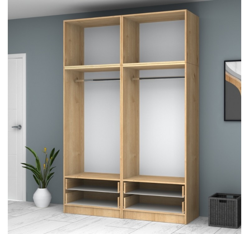 Ντουλάπα ρούχων Ricardo Megapap τετράφυλλη με πατάρι και συρτάρια χρώμα φυσικό οξιάς 160x51,8x240εκ.