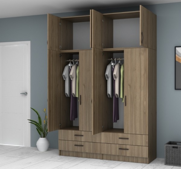 Ντουλάπα ρούχων Ricardo Megapap τετράφυλλη με πατάρι και συρτάρια χρώμα καρυδί 160x51,8x240εκ.