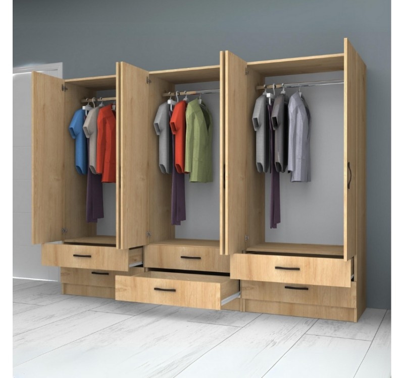 Ντουλάπα ρούχων Ricardo Megapap εξάφυλλη με συρτάρια χρώμα φυσικό οξιάς 240x51,8x181εκ.