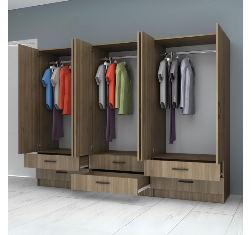 Ντουλάπα ρούχων Ricardo Megapap εξάφυλλη με συρτάρια χρώμα καρυδί 240x51,8x181εκ.