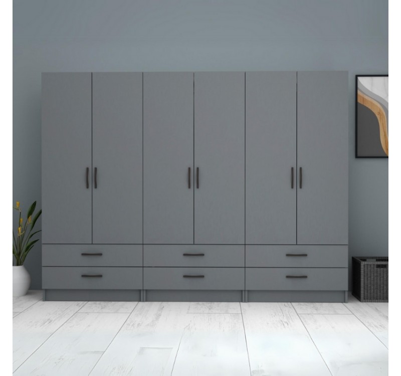 Ντουλάπα ρούχων Ricardo Megapap εξάφυλλη με συρτάρια χρώμα ανθρακί 240x51,8x181εκ.