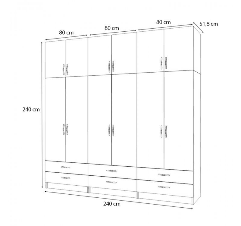 Ντουλάπα ρούχων Ricardo Megapap εξάφυλλη με πατάρι και συρτάρια χρώμα ανθρακί 240x51,8x240εκ.