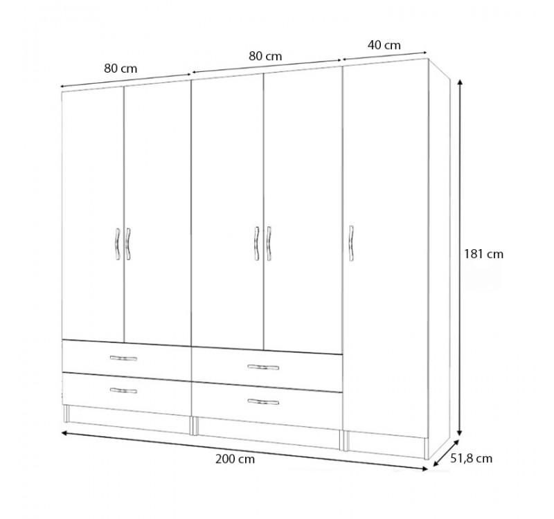 Ντουλάπα ρούχων Ricardo Megapap πεντάφυλλη με συρτάρια χρώμα λευκό 200x51,8x181εκ.