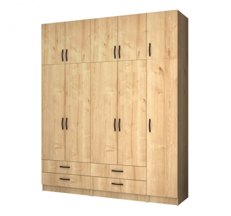 Ντουλάπα ρούχων Ricardo Megapap πεντάφυλλη με πατάρι και συρτάρια χρώμα φυσικό οξιάς 200x51,8x240εκ.