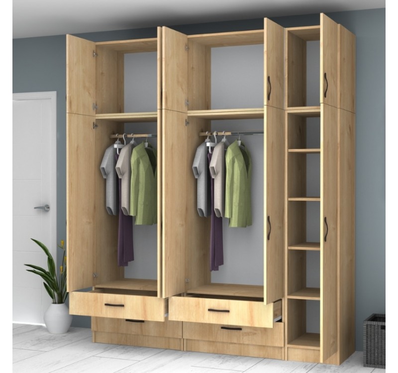 Ντουλάπα ρούχων Ricardo Megapap πεντάφυλλη με πατάρι και συρτάρια χρώμα φυσικό οξιάς 200x51,8x240εκ.