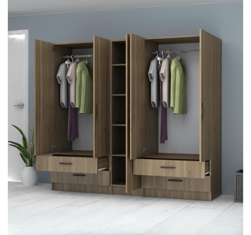 Ντουλάπα ρούχων Ricardo Megapap πεντάφυλλη με συρτάρια χρώμα καρυδί 200x51,8x181εκ.