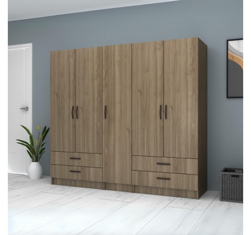 Ντουλάπα ρούχων Ricardo Megapap πεντάφυλλη με συρτάρια χρώμα καρυδί 200x51,8x181εκ.