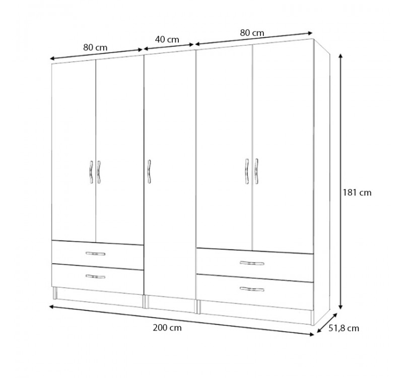 Ντουλάπα ρούχων Ricardo Megapap πεντάφυλλη με συρτάρια χρώμα καρυδί 200x51,8x181εκ.