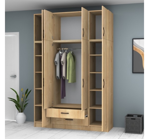 Ντουλάπα ρούχων Ricardo Megapap τετράφυλλη με πατάρι και συρτάρια χρώμα φυσικό οξιάς 160x51,8x240εκ.