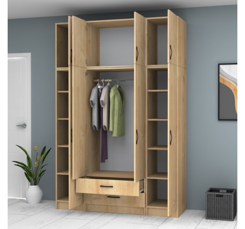 Ντουλάπα ρούχων Ricardo Megapap τετράφυλλη με πατάρι και συρτάρια χρώμα φυσικό οξιάς 160x51,8x240εκ.