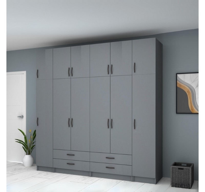 Ντουλάπα ρούχων Ricardo Megapap εξάφυλλη με πατάρι και συρτάρια χρώμα ανθρακί 240x51,8x240εκ.