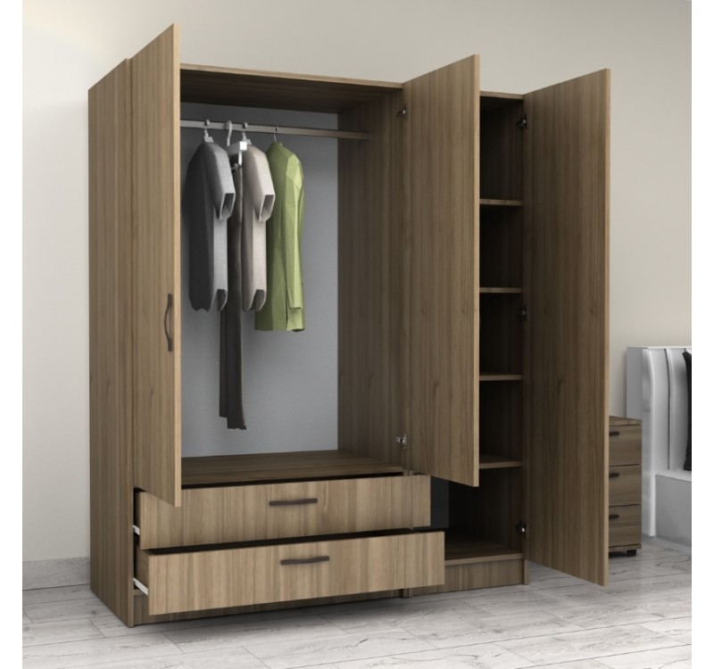 Ντουλάπα ρούχων Victoria Megapap τρίφυλλη με συρτάρια χρώμα καρυδί 150x60x181εκ.