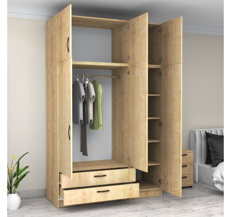 Ντουλάπα ρούχων Victoria Megapap τρίφυλλη με πατάρι και συρτάρια χρώμα φυσικό οξιάς 150x60x240εκ.