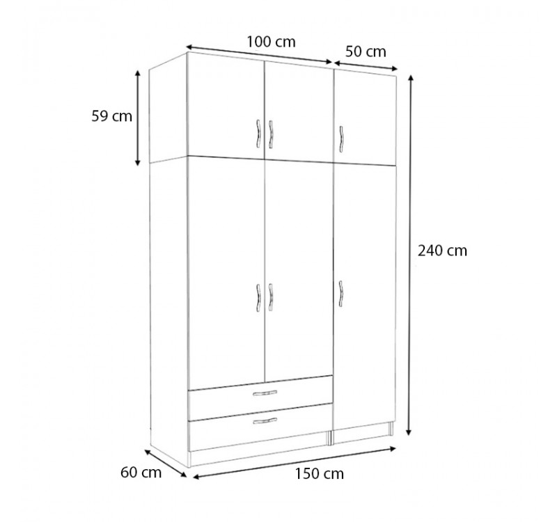Ντουλάπα ρούχων Victoria Megapap τρίφυλλη με πατάρι και συρτάρια χρώμα φυσικό οξιάς 150x60x240εκ.